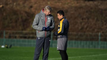 ST ALBANS, ENGLAND - JANUARY 18: Arsenal manager Arsene Wenger with Alexis Sanchez during a training session at London Colney on January 18, 2017 in St Albans, England. (Photo by Stuart MacFarlane/Arsenal FC via Getty Images)