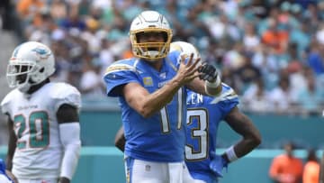 MIAMI, FL - SEPTEMBER 29: Philip Rivers #17 of the Los Angeles Chargers calls a timeout during the third quarter against the Miami Dolphins at Hard Rock Stadium on September 29, 2019 in Miami, Florida. (Photo by Eric Espada/Getty Images)