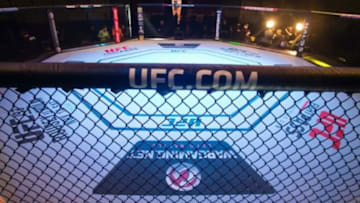 Nov 7, 2015; Sao Paulo, Brazil; A general view of the octagon before UFC Fight Night at Ibirapuera Gymnasium. Mandatory Credit: Jason Silva-USA TODAY Sports