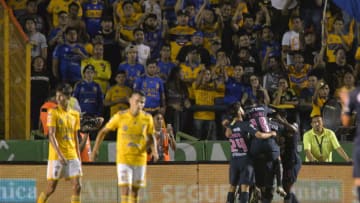 MONTERREY, MEXICO - OCTOBER 06: Guido Rodriguez of America celebrates with teammates after scoring his team's third goal during the 12th round match between Tigres UANL and America as part of the Torneo Apertura 2018 Liga MX at Universitario Stadium on October 6, 2018 in Monterrey, Mexico. (Photo by Azael Rodriguez/Getty Images)