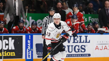 OSHAWA, ON - FEBRUARY 17: Brady Lyle #33 of the Owen Sound Attack skates with the puck during an OHL game against the Oshawa Generals at the Tribute Communities Centre on February 17, 2020 in Oshawa, Ontario, Canada. (Photo by Chris Tanouye/Getty Images)