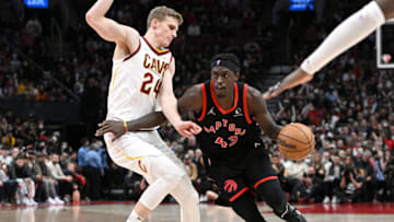 Mar 24, 2022; Toronto, Ontario, CAN; Toronto Raptors forward Pascal Siakam (43) drbibles the ball around Cleveland Cavaliers forward Lauri Markkanen (24) in the second half at Scotiabank Arena. Mandatory Credit: Dan Hamilton-USA TODAY Sports