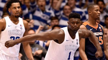 DURHAM, NORTH CAROLINA - JANUARY 19: Zion Williamson #1 of the Duke Blue Devils reacts after scoring against the Virginia Cavaliers during the first half of their game at Cameron Indoor Stadium on January 19, 2019 in Durham, North Carolina. (Photo by Grant Halverson/Getty Images)