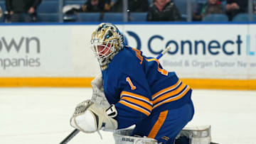 BUFFALO, NY - JANUARY 6: Ukko-Pekka Luukkonen #1 of the Buffalo Sabres during the game against the San Jose Sharks at KeyBank Center on January 6, 2022 in Buffalo, New York. (Photo by Kevin Hoffman/Getty Images)