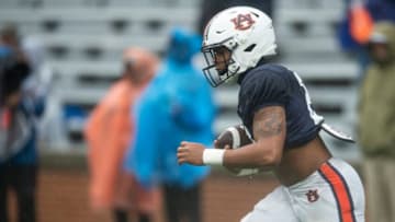 Auburn football running back Jarquez Hunter (27) warms up during the A-Day spring football game at Jordan-Hare Stadium in Auburn, Ala., on Saturday, April 8, 2023.