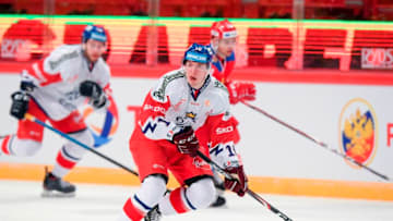 zech Republic's Lukas Rousek controls the puck during Beijer Hockey Games between Russia and Czech Republic in the Ericson Globe Arena in Stockholm, Sweden, on February 9, 2020. (Photo by Erik SIMANDER / TT News Agency / AFP) / Sweden OUT (Photo by ERIK SIMANDER/TT News Agency/AFP via Getty Images)
