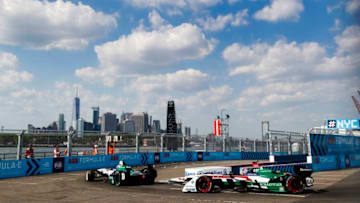 NEW YORK, NY - JULY 14: In this handout provided by FIA Formula E, Lucas Di Grassi (BRA), Audi Sport ABT Schaeffler, Audi e-tron FE04, leads Daniel Abt (GER), Audi Sport ABT Schaeffler, Audi e-tron FE04 (Photo by Steven Tee/FIA Formula E via Getty Images)