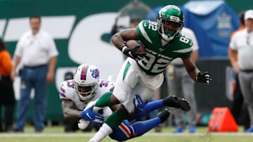 EAST RUTHERFORD, NEW JERSEY - SEPTEMBER 08: Jamison Crowder #82 of the New York Jets is tackled by Siran Neal #33 of the Buffalo Bills at MetLife Stadium on September 08, 2019 in East Rutherford, New Jersey. The Buffalo Bills defeated the New York Jets 17-16. (Photo by Michael Owens/Getty Images)