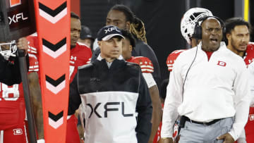 Feb 19, 2023; Washington, DC, USA; D.C. Defenders Head Coach Reggie Barlow (R) yells from the sidelines against the Seattle Sea Dragons at Audi Field. Mandatory Credit: Geoff Burke-USA TODAY Sports