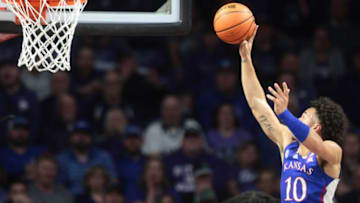 Kansas junior forward Jalen Wilson (10) shoots for two against Kansas State during the first half of Tuesday's Sunflower Showdown inside Bramlage Coliseum.