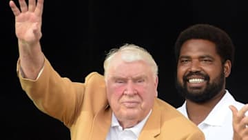 Aug 8, 2015; Canton, OH, USA; John Madden (left) and Jonathan Ogden during the 2015 Pro Football Hall of Fame enshrinement at Tom Benson Hall of Fame Stadium. Mandatory Credit: Kirby Lee-USA TODAY Sports