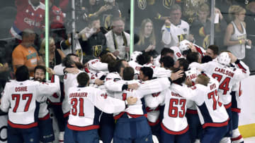 LAS VEGAS, NV - JUNE 07: The Washington Capitals celebrate their 4-3 victory over the Vegas Golden Knights to win the Stanley Cup in Game Five of the 2018 NHL Stanley Cup Final at T-Mobile Arena on June 7, 2018 in Las Vegas, Nevada. (Photo by David Becker/NHLI via Getty Images)