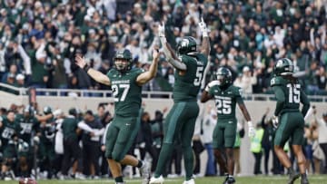 EAST LANSING, MICHIGAN - NOVEMBER 04: Cal Haladay #27 of the Michigan State Spartans reacts after a turnover on downs by the Nebraska Cornhuskers in the fourth quarter of a game at Spartan Stadium on November 04, 2023 in East Lansing, Michigan. (Photo by Mike Mulholland/Getty Images)