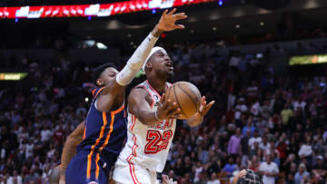 Jimmy Butler #22 of the Miami Heat drives to the basket against the New York Knicks(Photo by Megan Briggs/Getty Images)