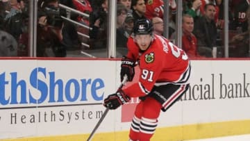 Nov 9, 2014; Chicago, IL, USA; Chicago Blackhawks center Brad Richards (91) with the puck during the third period against the San Jose Sharks at the United Center. Chicago won 5-2. Mandatory Credit: Dennis Wierzbicki-USA TODAY Sports