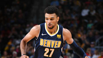 DENVER, CO - NOVEMBER 3: Jamal Murray #27 of the Denver Nuggets handles the ball against the Miami Heat on November 3, 2017 at the Pepsi Center in Denver, Colorado. NOTE TO USER: User expressly acknowledges and agrees that, by downloading and/or using this Photograph, user is consenting to the terms and conditions of the Getty Images License Agreement. Mandatory Copyright Notice: Copyright 2017 NBAE (Photo by Garrett Ellwood/NBAE via Getty Images)