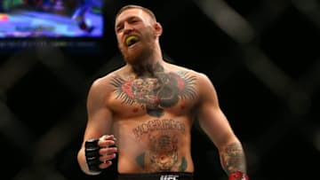 March 5, 2016; Las Vegas, NV, USA; Conor McGregor reacts while fighting against Nate Diaz during UFC 196 at MGM Grand Garden Arena. Mandatory Credit: Mark J. Rebilas-USA TODAY Sports