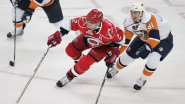 New York Islanders MIROSLAV SATAN against Carolina Hurricanes GLEN WESLEY on Jan. 22, 2008 in Raleigh, NC. The New York Islanders won 6-3. (Photo by Sporting News via Getty Images/Sporting News via Getty Images via Getty Images)