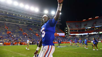 GAINESVILLE, FLORIDA - SEPTEMBER 25: Emory Jones #5 of the Florida Gators waves as he exits the field after a game against the Tennessee Volunteers at Ben Hill Griffin Stadium on September 25, 2021 in Gainesville, Florida. (Photo by James Gilbert/Getty Images)