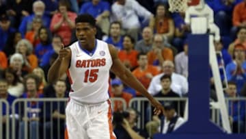 Feb 9, 2016; Gainesville, FL, USA; Florida Gators center John Egbunu (15) celebrates after a dunk against the Mississippi Rebels during the first half at Stephen C. O