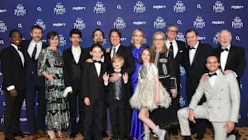 LONDON, ENGLAND - DECEMBER 12: (L to R) Chris O'Dowd, Emily Mortimer, Ben Whishaw, Nathanael Saleh, Lin-Manuel Miranda, Joel Dawson, Rob Marshall, Pixie Davies, Emily Blunt, Meryl Streep, Colin Firth, Jeremy Swift, Tarik Frimpong and Jim Norton attend the European Premiere of "Mary Poppins Returns" at Royal Albert Hall on December 12, 2018 in London, England. (Photo by Gareth Cattermole/Gareth Cattermole/Getty Images for Disney)