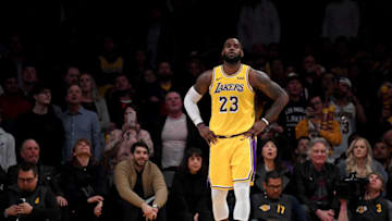 LOS ANGELES, CALIFORNIA - FEBRUARY 21: LeBron James #23 of the Los Angeles Lakers waits for the start of play during a 111-106 Lakers win over the Houston Rockets at Staples Center on February 21, 2019 in Los Angeles, California. (Photo by Harry How/Getty Images)