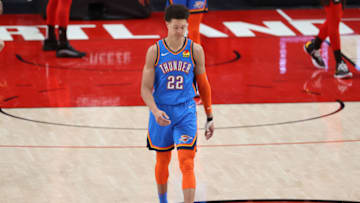Isaiah Roby #22 of the Oklahoma City Thunder reacts in the fourth quarter against the Portland Trail Blazers at Moda Center on April 03, 2021 in Portland, Oregon. (Photo by Abbie Parr/Getty Images)