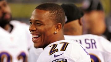 Aug 7, 2014; Baltimore, MD, USA; Baltimore Ravens running back Ray Rice (27) smiles during the game against the San Francisco 49ers at M&T Bank Stadium. Mandatory Credit: Evan Habeeb-USA TODAY Sports