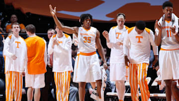 KNOXVILLE, TN - FEBRUARY 21: The Tennessee Volunteers bench reacts after a three-point basket against the Florida Gators in the first half of a game at Thompson-Boling Arena on February 21, 2018 in Knoxville, Tennessee. (Photo by Joe Robbins/Getty Images)