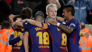 BARCELONA, SPAIN - JANUARY 28: Lionel Messi of FC Barcelona celebrates 2-1 with Luis Suarez of FC Barcelona, Sergi Roberto of FC Barcelona, Jordi Alba of FC Barcelona, Ivan Rakitic of FC Barcelona, Andries Iniesta of FC Barcelona, Paulinho of FC Barcelona during the La Liga Santander match between FC Barcelona v Deportivo Alaves at the Camp Nou on January 28, 2018 in Barcelona Spain (Photo by Laurens Lindhout/Soccrates/Getty Images)