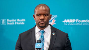 DAVIE, FL - FEBRUARY 04: Brian Flores speaks during a press conference as he is introduced as the new Head Coach of the Miami Dolphins at Baptist Health Training Facility at Nova Southern University on February 4, 2019 in Davie, Florida. (Photo by Mark Brown/Getty Images)