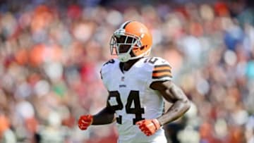 Sep 14, 2014; Cleveland, OH, USA; Cleveland Browns cornerback Johnson Bademosi (24) against the New Orleans Saints at FirstEnergy Stadium. The Browns defeated the Saints 26-24. Mandatory Credit: Andrew Weber-USA TODAY Sports