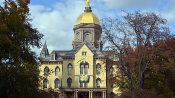 Oct 17, 2015; South Bend, IN, USA; General view of the golden dome at the main administration building on the campus of Notre Dame. Maandatory Credit: Kirby Lee-USA TODAY Sports