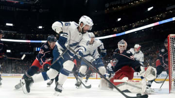 COLUMBUS, OHIO - NOVEMBER 02: Nikita Kucherov #86 of the Tampa Bay Lightning skates with the puck while Elvis Merzlikins #90 of the Columbus Blue Jackets tends net during the second period at Nationwide Arena on November 02, 2023 in Columbus, Ohio. (Photo by Jason Mowry/Getty Images)