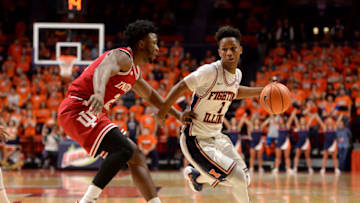 CHAMPAIGN, IL - JANUARY 24: Illinois Fighting Illini Guard Trent Frazier (1) dribbles by Indiana Hoosiers Forward Freddie McSwain Jr. (21) during the Big Ten Conference college basketball game between the Indiana Hoosiers and the Illinois Fighting Illini on January 24, 2018, at the State Farm Center in Champaign, Illinois. (Photo by Michael Allio/Icon Sportswire via Getty Images)