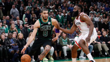 Feb 29, 2020; Boston, Massachusetts, USA; Boston Celtics forward Jayson Tatum (0) drives on Houston Rockets guard James Harden (13) during the second half at TD Garden. Mandatory Credit: Winslow Townson-USA TODAY Sports
