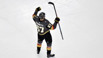 LAS VEGAS, NEVADA - JANUARY 07: Max Pacioretty #67 of the Vegas Golden Knights celebrates after scoring a goal during the second period against the Pittsburgh Penguins at T-Mobile Arena on January 07, 2020 in Las Vegas, Nevada. (Photo by Jeff Bottari/NHLI via Getty Images)