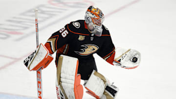 ANAHEIM, CA - MARCH 22: Anaheim Ducks goalie John Gibson (36) catches the puck during the second period of a game against the San Jose Sharks played on March 22, 2019 at the Honda Center in Anaheim, CA. (Photo by John Cordes/Icon Sportswire via Getty Images)