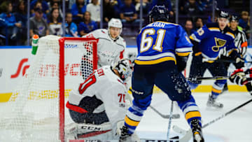 ST. LOUIS, MO - OCTOBER 01: St. Louis Blues center Wade Megan (61) shoots and scores past Washington Capitals goalie Braden Holtby (70) during the first period of an NHL hockey preseason game October 1, 2017, at Scottrade Center in St. Louis, MO. (Photo by Tim Spyers/Icon Sportswire via Getty Images)