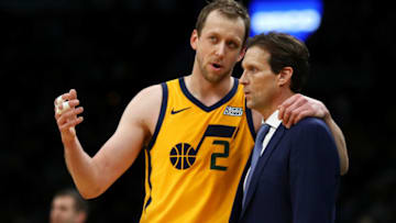 BOSTON, MASSACHUSETTS - NOVEMBER 17: Joe Ingles #2 of the Utah Jazz talks with head coach Quin Snyder of the Utah Jazz during the fourth quarter of the game against the Boston Celtics at TD Garden on November 17, 2018 in Boston, Massachusetts. (Photo by Omar Rawlings/Getty Images)