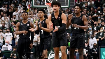 Michigan State Spartans guard Tyson Walker (2), guard Jaden Akins (3), forward Malik Hall (25) and forward Julius Marble II (34). Mandatory Credit: Dale Young-USA TODAY Sports
