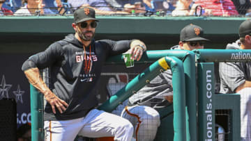 Apr 24, 2022; Washington, District of Columbia, USA; San Francisco Giants manager Gabe Kapler (19) looks on against the Washington Nationals during the first inning at Nationals Park. Mandatory Credit: Brad Mills-USA TODAY Sports