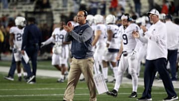 COLLEGE PARK, MD - NOVEMBER 25: Head coach James Franklin of the Penn State Nittany Lions celebrates following a fourth quarter touchdown during the Nittany Lions 66-3 win over the Maryland Terrapins at Capital One Field on November 25, 2017 in College Park, Maryland. (Photo by Rob Carr/Getty Images)