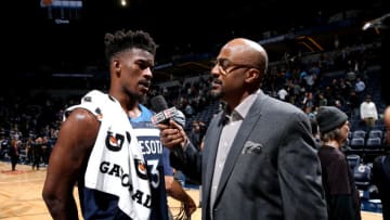 MINNEAPOLIS, MN - OCTOBER 29: Jimmy Butler #23 of the Minnesota Timberwolves talks with media after the game against the Los Angeles Lakers on October 29, 2018 at Target Center in Minneapolis, Minnesota. NOTE TO USER: User expressly acknowledges and agrees that, by downloading and or using this Photograph, user is consenting to the terms and conditions of the Getty Images License Agreement. Mandatory Copyright Notice: Copyright 2018 NBAE (Photo by David Sherman/NBAE via Getty Images)