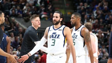 SALT LAKE CITY, UT - FEBRUARY 24: Ricky Rubio #3 of the Utah Jazz high fives teammates before the game against the Dallas Mavericks on February 24, 2018 at Vivint Smart Home Arena in Salt Lake City, Utah. NOTE TO USER: User expressly acknowledges and agrees that, by downloading and or using this Photograph, User is consenting to the terms and conditions of the Getty Images License Agreement. Mandatory Copyright Notice: Copyright 2018 NBAE (Photo by Melissa Majchrzak/NBAE via Getty Images)