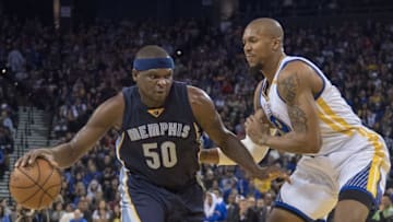 January 6, 2017; Oakland, CA, USA; Memphis Grizzlies forward Zach Randolph (50) shoots the basketball against Golden State Warriors forward David West (3) during the second quarter at Oracle Arena. Mandatory Credit: Kyle Terada-USA TODAY Sports