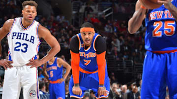 PHILADELPHIA,PA - MARCH 3 : Carmelo Anthony #7 of the New York Knicks looks on against the Philadelphia 76ers at Wells Fargo Center on March 3, 2017 in Philadelphia, Pennsylvania Copyright 2017 NBAE (Photo by Jesse D. Garrabrant/NBAE via Getty Images)