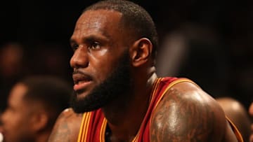 Jan 6, 2017; Brooklyn, NY, USA; Cleveland Cavaliers forward LeBron James (23) looks on from the bench during the first quarter against the Brooklyn Nets at Barclays Center. Mandatory Credit: Anthony Gruppuso-USA TODAY Sports