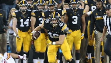 Sep 10, 2016; Iowa City, IA, USA; Iowa Hawkeyes tight end George Kittle (46) runs after the catch against the Iowa State Cyclones at Kinnick Stadium. Mandatory Credit: Reese Strickland-USA TODAY Sports