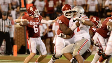 Sep 17, 2016; Norman, OK, USA; Oklahoma Sooners quarterback Baker Mayfield (6) looks to pass against the Ohio State Buckeyes in the fourth quarter at Gaylord Family - Oklahoma Memorial Stadium. Mandatory Credit: Mark D. Smith-USA TODAY Sports